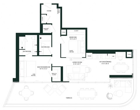 Floor plan for 2 beds, 2 baths, 935 sqft
